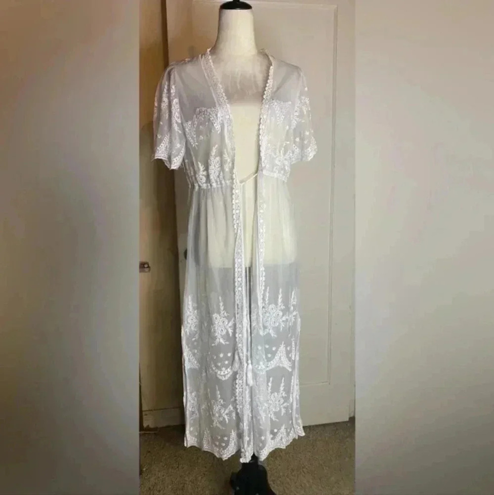 White Lace Kimono Boho Festival Cover Up Duster Size L